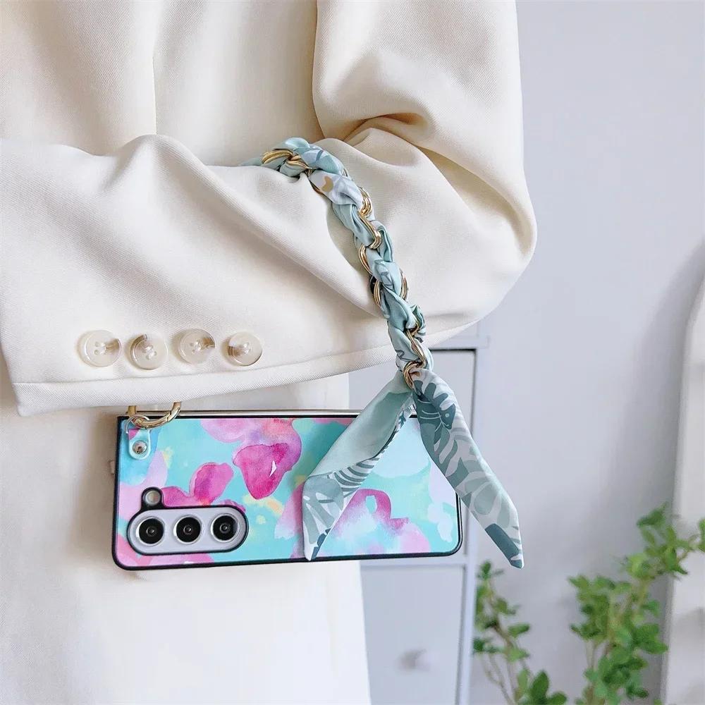 Cute Blooming PU Leather Cover with Scarf Handbag Style Chain Wrist Strap For Samsung Galaxy Z Fold 6 5 4 3 5G Hard Phone Case