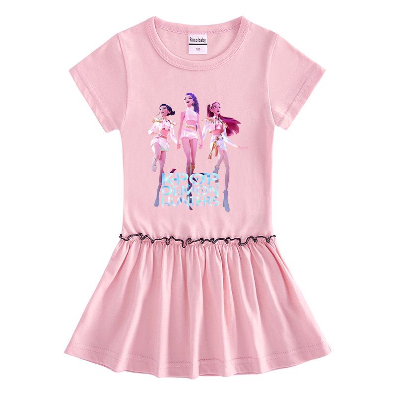 Kpop Monster Hunter Girls' Summer Pleated Dress - Stylish Color Block Ruffle Skirt for Children