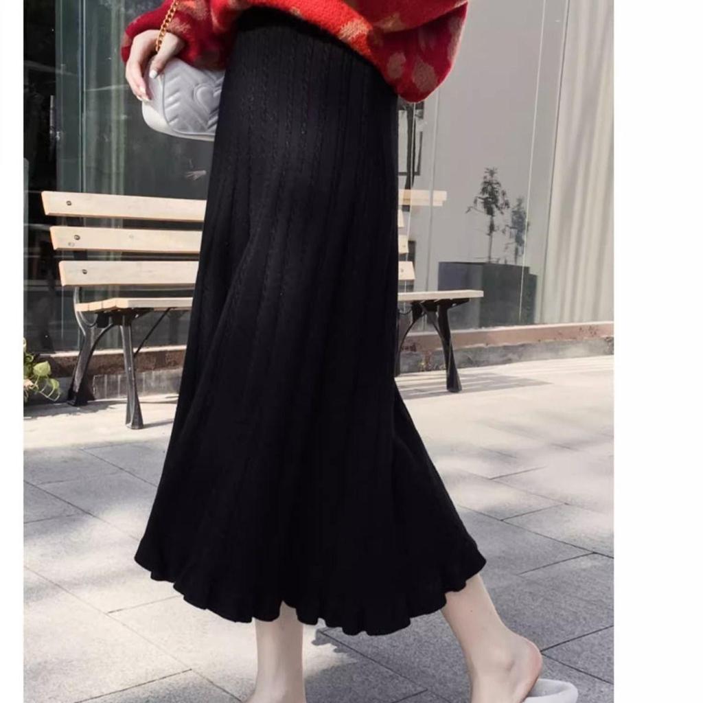 High-Waisted Long Knit Midi Skirt with Inner Layer - Winter & Autumn Style