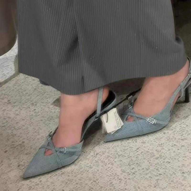 Fashion 2025 New Women's Jeans Heeled Sandals Pointed High Heel Office Lady Shoes Beautiful Women High Heels Shoes Sandalias Mujer