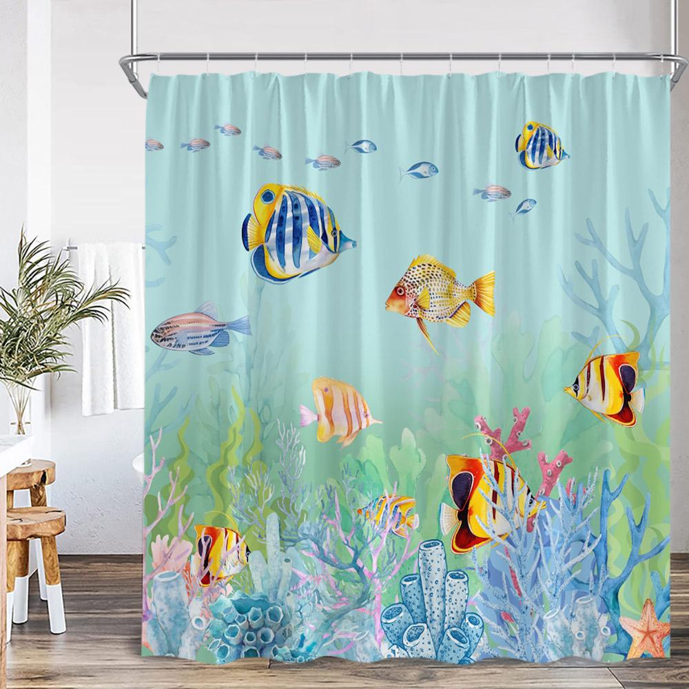 Undersea Cartoon Shower Curtain Sea Turtle Coral Seaweed Tropical Fish Ocean Bathroom Decor Polyester Fabric Bathtub Curtain