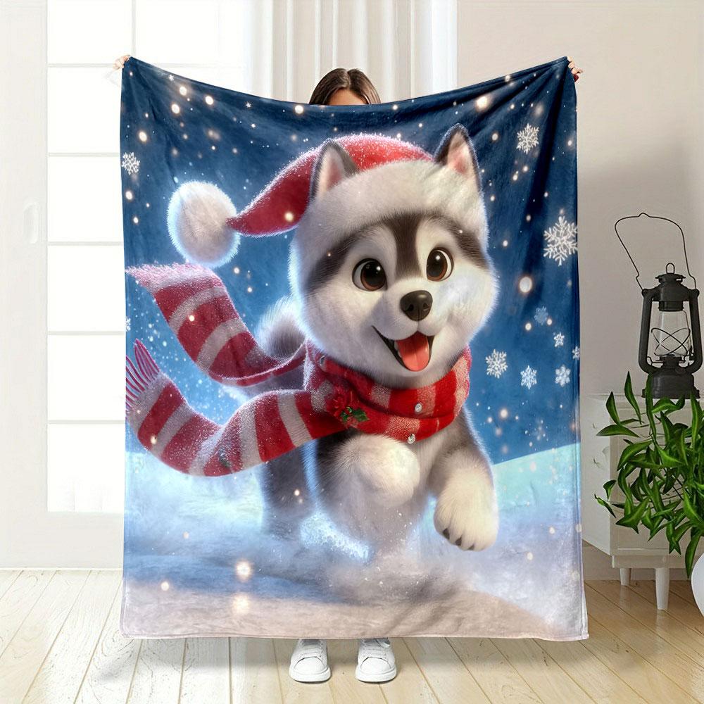 Festive Husky in Snowy Wonderland Patterned blanket, flannel, suitable for all seasons, home decor, warm and cozy