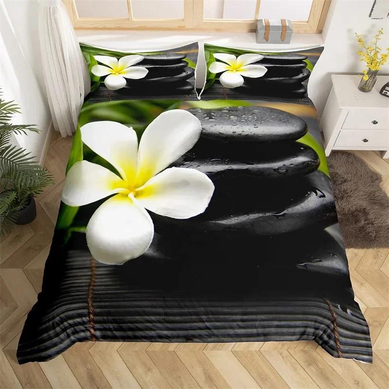 Zen Stones Duvet Cover Bamboo Phalaenopsis Bedding Set Meditation Quilt Cover Microfiber Tranquil Nature Artwork Bedspread Cover
