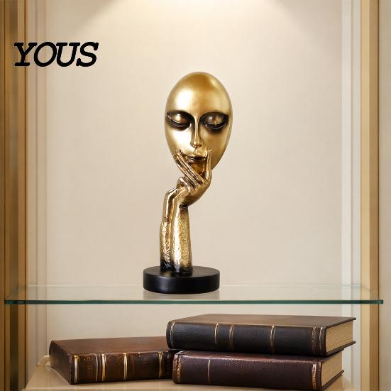 Polished Resin Figurine Abstract Contemplative Face Sculpture, Minimalist Hand-on-Chin Bust Statue for Desk Living Literary Style