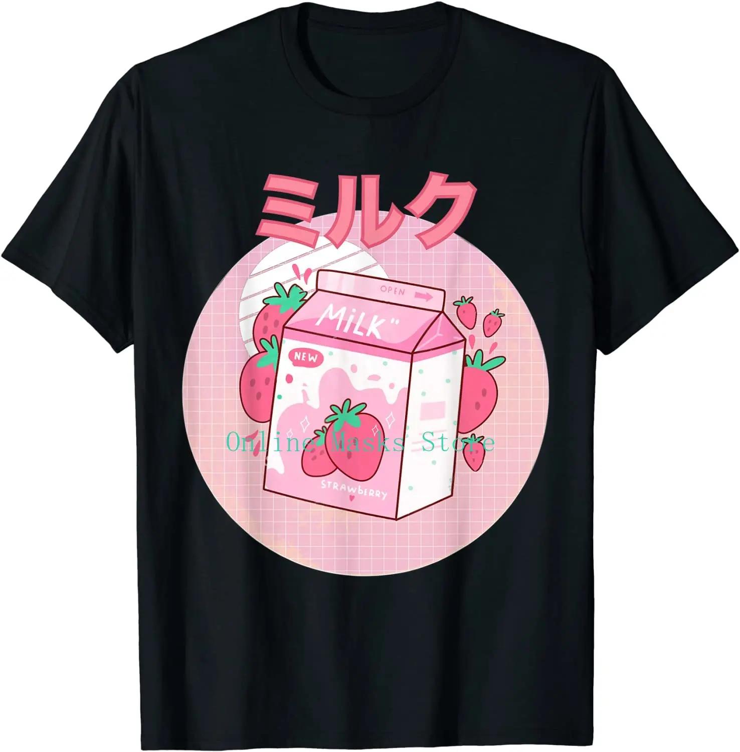 Carton Pink Funny  Strawberry Milk Shake Japanese Retro 90s T-Shirt Carton Men s Short-Sleeved Harajuku Graphic Oversized Tee S чёрный