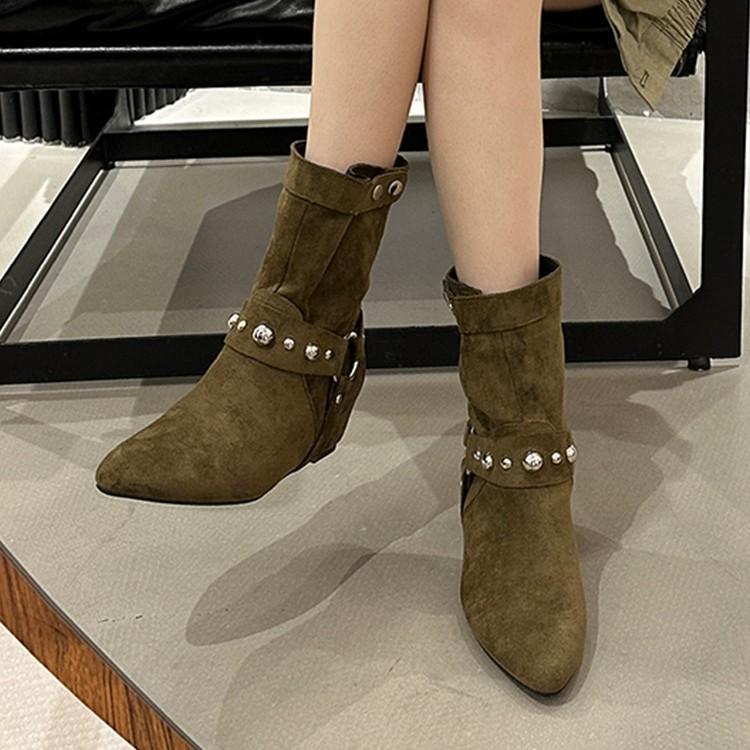Short Boots Women's Boots Inner Height Increase 2025 Autumn and Winter New European Beautiful Women's Boots Flat-bottomed Suede Short Boots Pointed Th