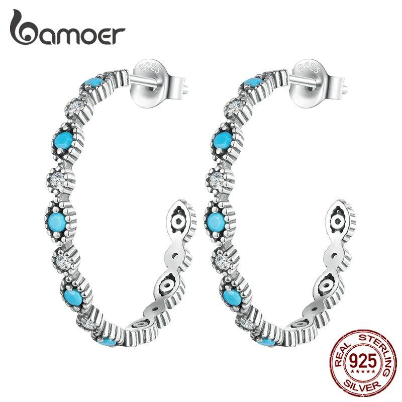 

BAMOER стерлингового серебра 925 пробы синий бирюзовый глаз дьявола серьги-гвоздики полукруглые серьги для женщин модные изящные ювелирные изделия
