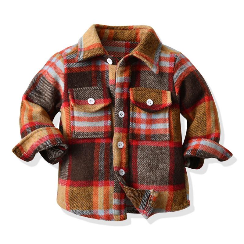 Autumn Boys' Jacket Korean Version New Children's Neutral Plaid Turn-Down Collar Brushed Long Sleeve Top Trendy Short Cardigan