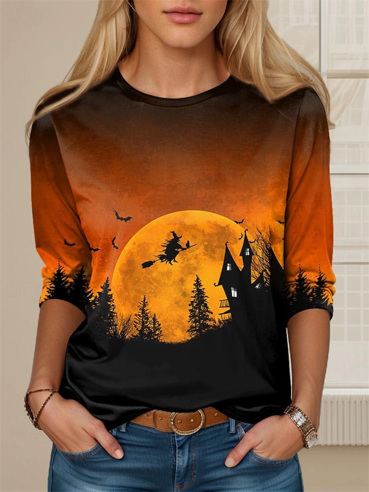 Halloween Ladies Long Sleeve T-shirt Black Pumpkin Head Print Street Fashion Ladies Loose Long Sleeve Top Everyday Casual Top
