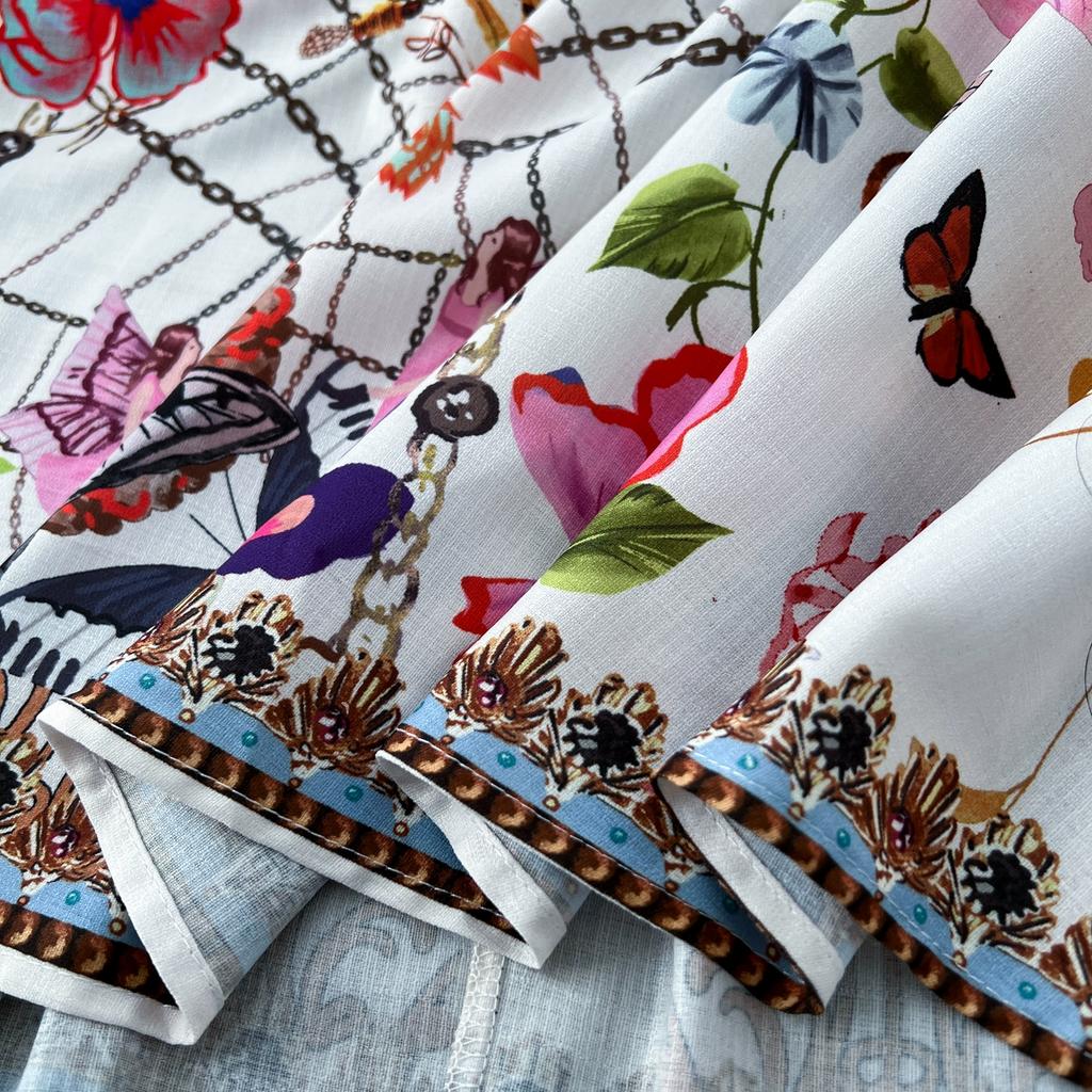 Spring Autumn Women Print Chiffon V-neck Puff Sleeve Long Maxi Holiday Beach Dresses