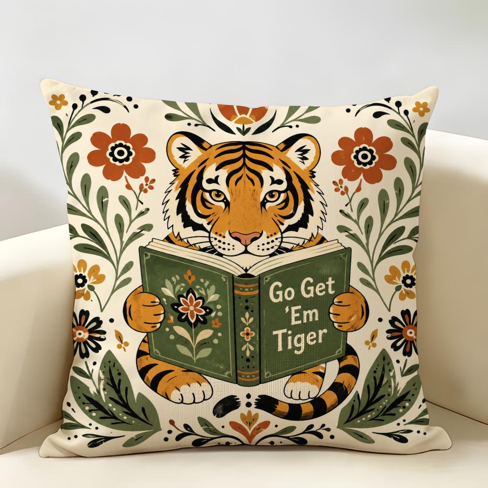 Go Get Em Tiger Cushion Cover Natural Linen Organic Fabric Double-Sided Printing Breathable Perfect For Home Decor
