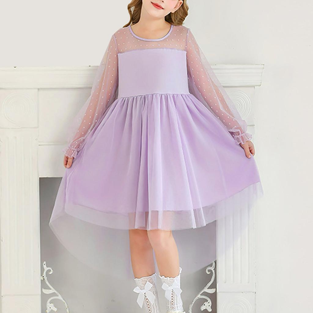 Girls Dresses Contrast Mesh Long Sleeve Twirly High Low Birthday Party Formal Dress