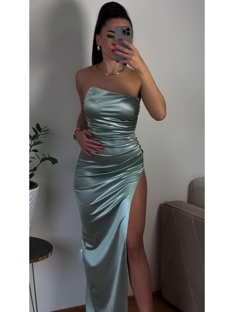 Satin Waist-Cinching Strapless High Slit Dress for Women - Summer 2025 Collection