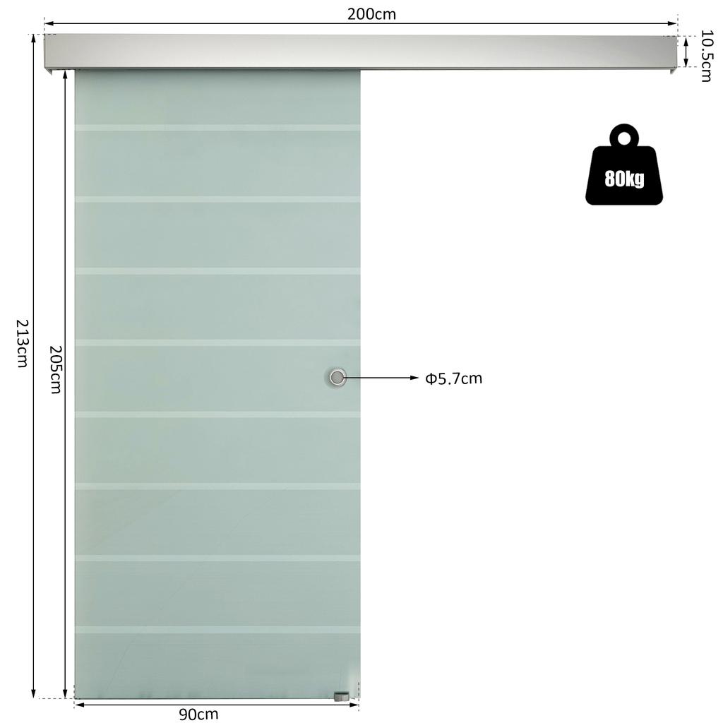 90cm Sliding Glass Door with Hardware Track Kit, Frosted Tempered Glass with Stripe Pattern, Round Handle
