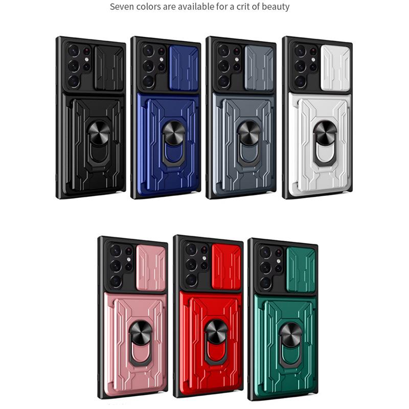 Schiebekamera-Schiebefenster-Kartensteckplatz-Ständerringhülle für Samsung Galaxy S25 S24 Ultra S23 S22 S21 S20 Plus, magnetische Hochleistungsschutzhalterung