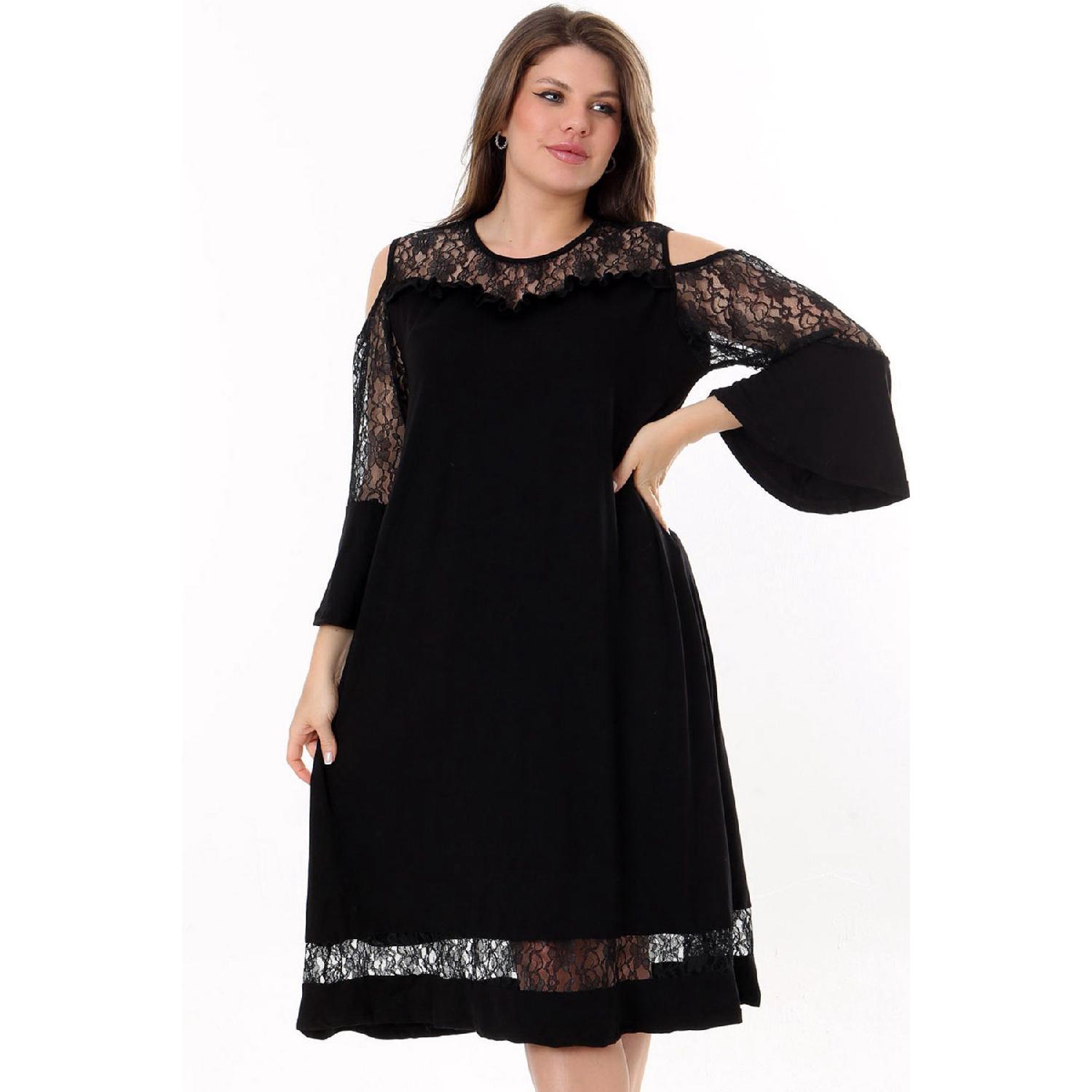 

Round Collar Chest Skirt And Arm Lace Detail Long Flywheel Arm Shoulder Window Flexible Midi Size Dress 42-44 чорний