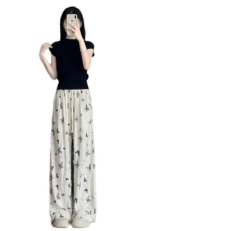 Japanese White Ice Silk Drapey Wide-Leg High-Waist Butterfly Ripped Pants - XS