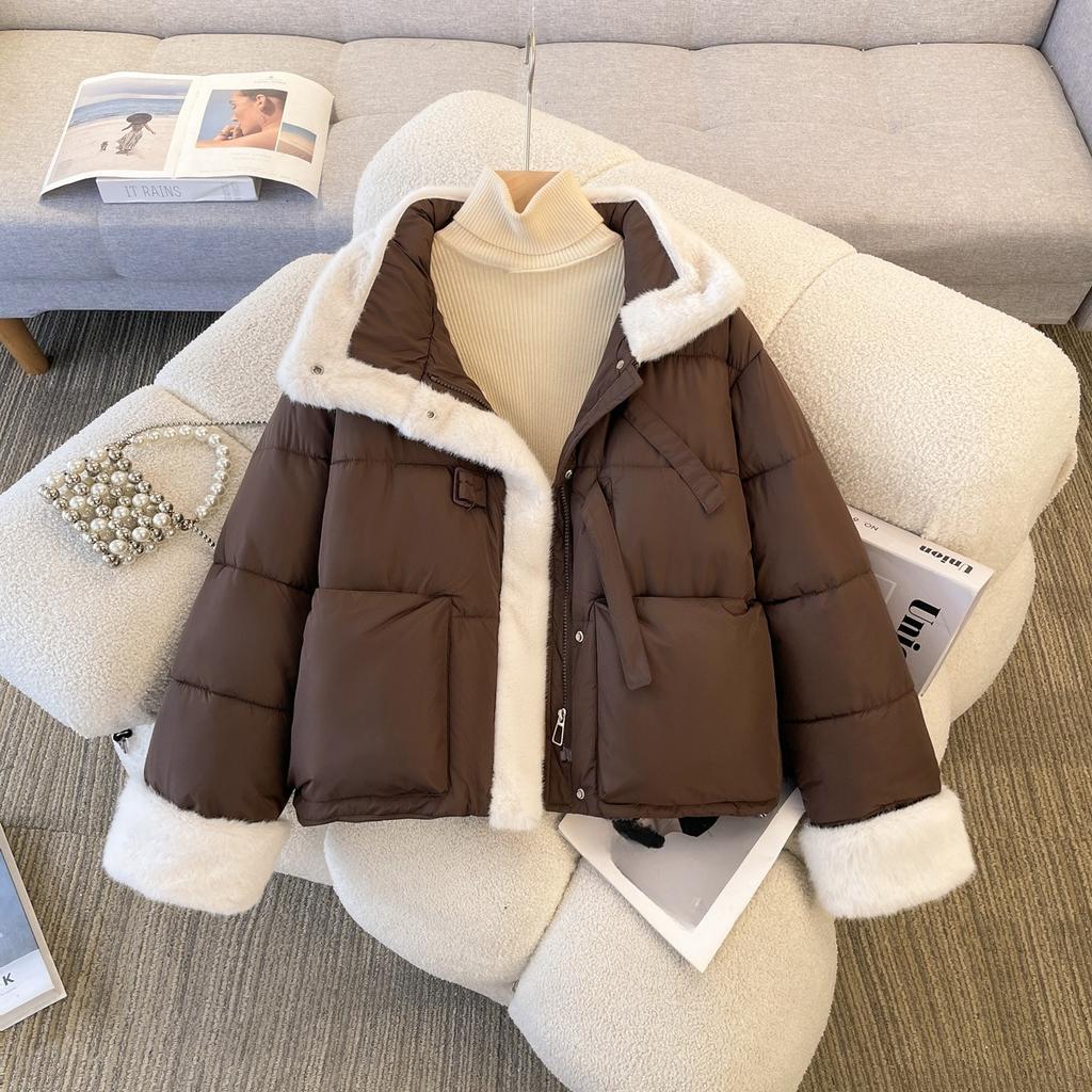 Fashionable Short Stand-up Collar Raw Edge Splicing Cotton Coat for Women Winter Fashion Cotton Coat and Jacket