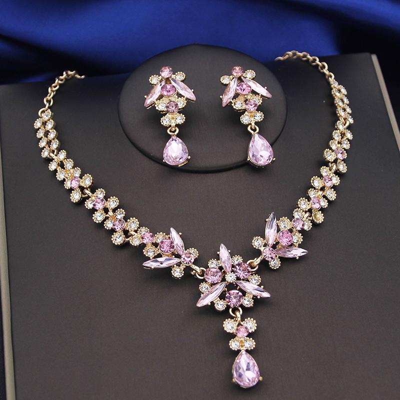 Purple Crystal Bridal Jewelry Sets Women Tiaras Bride Necklace Earrings for Wedding Crown Jewelry Set Prom