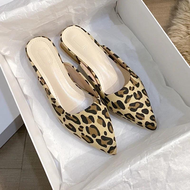 Leopard Mules Shoes For Women Slip On Square Heel Slippers Women 2024 New Luxury Designer PU Leather Slides Elegant Office Shoes