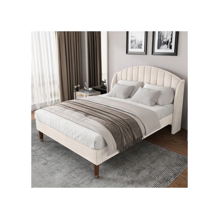 Lit tapissé - MUVOE - 160x200 cm - Velours beige - Montage facile - 2 places