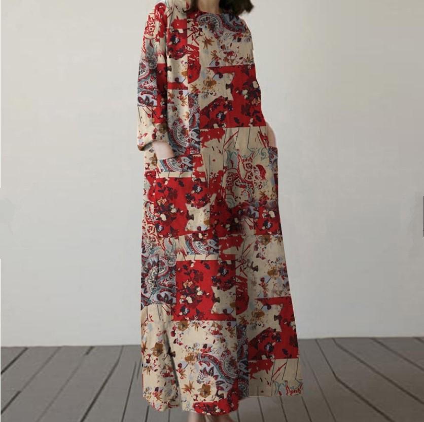 Rochie Pulover de Damă Mărimi Mari din Bumbac și In cu Imprimeu Retro 2023