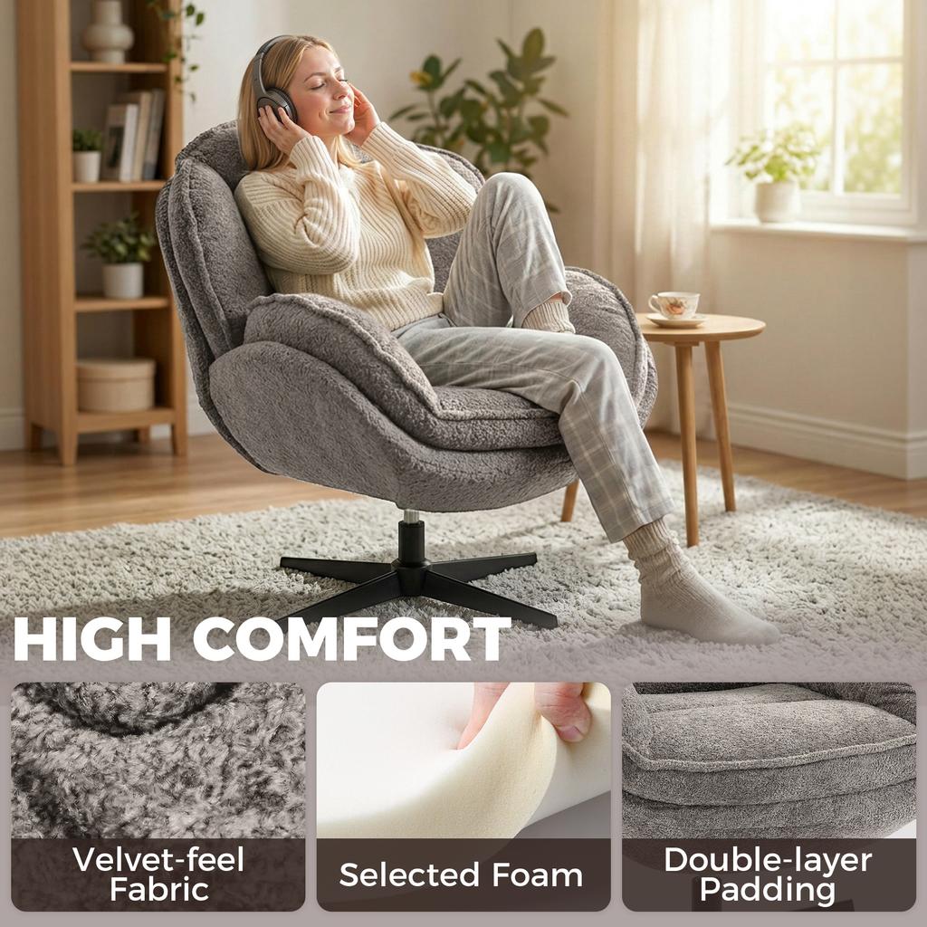 Modern Wingback Accent Chair, Velvet Armchair with Four-Star Base, S-Springs, Swivel, Grey