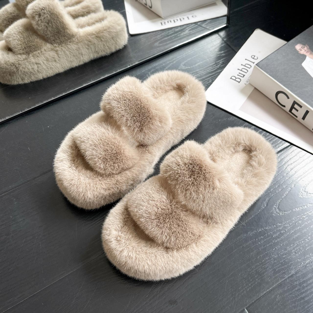 

Волосатые туфли тапочки женская одежда 2024 новая весна и осень зима интернет знаменитости плюшевые волосатые тапочки с толстой подошвой одно слово хлопковые тапочки 35 хаки