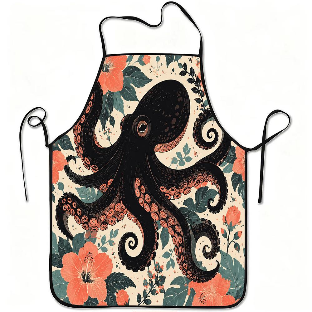 1pc Octopus & Floral Print Apron Suitable for Cooking, Gardening, Picking - Adjustable Waistband, Durable Easy-Clean Polyester Apron with Octopus Tent