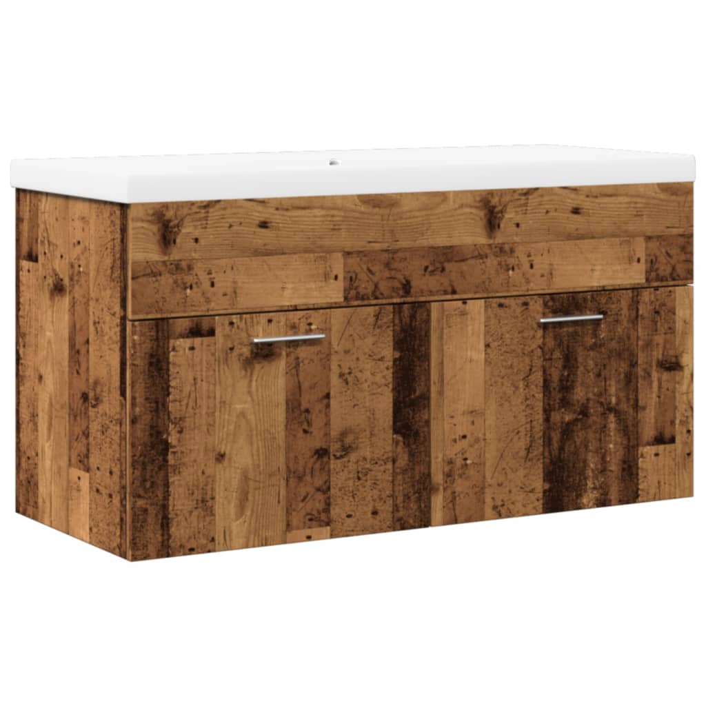 Washbasin Cabinet with Built In Basin Rustic Wood Effect
