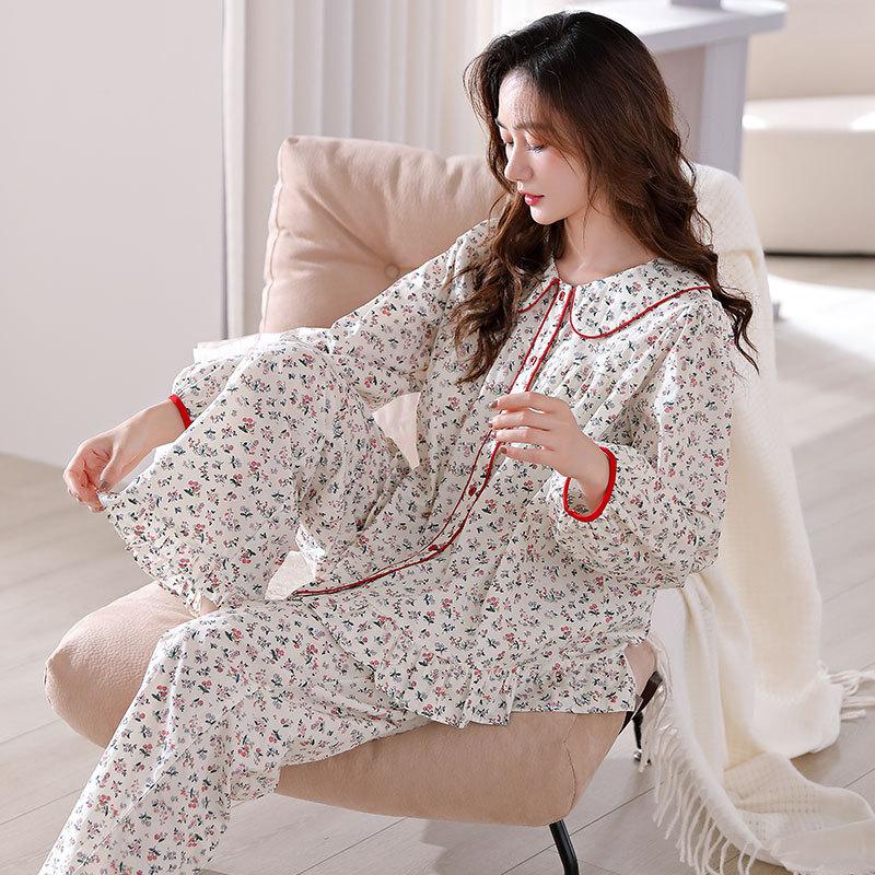 Pajamas Women'S Pure Cotton Long-Sleeved Women'S Autumn And Winter Cotton Thin Loungewear Set