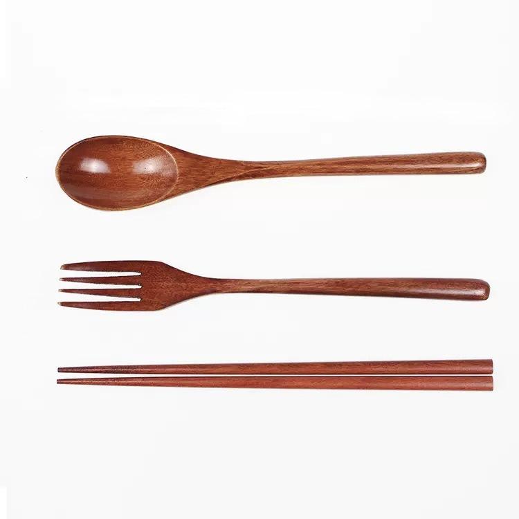 Japanese-Style Wooden Chopsticks, Spoon, and Fork Set with Portable Cloth Bag
