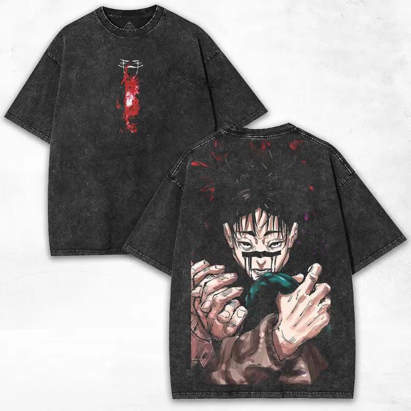 Аниме Jujutsu Kaisen Чосо Принт Футболка Мужская Женская Футболки из Стиранного Хлопка Короткий Рукав Винтажная Футболка Харадзюку Оверсайз Футболка XXL чёрный