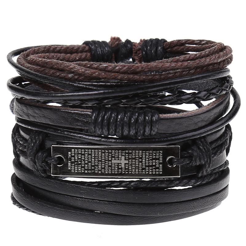 Retro Woven Cowhide Leather Men's Bracelet Set - European & American Handmade DIY Knot