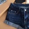 Women's Dark Blue Rhinestone Denim Low-Waist A-Line Bodycon Hot Pants