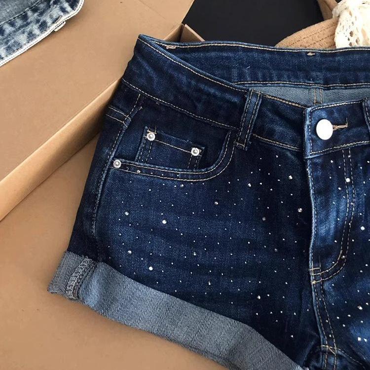 Women's Dark Blue Rhinestone Denim Low-Waist A-Line Bodycon Hot Pants