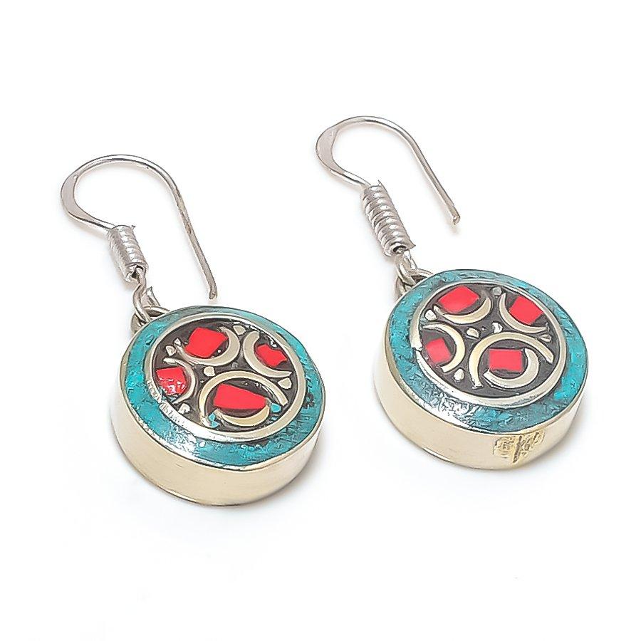 

Серьги из натурального тибетского бирюзового, кораллового серебра 925 пробы 1,42 дюйма a9C64