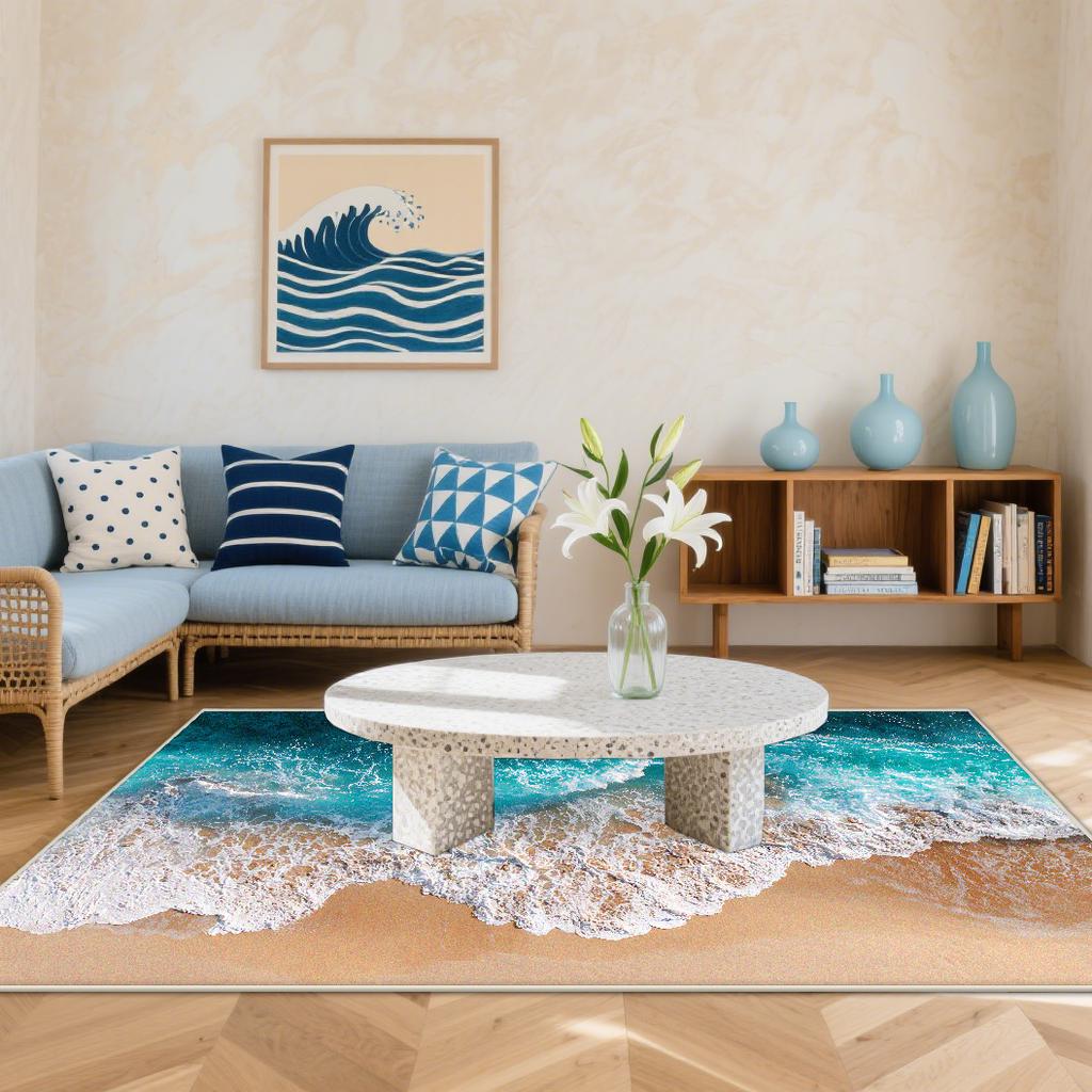 3D Küstenstrandwellen Teppiche Wohnzimmer Cartoon Dekoration Zuhause Großer Teppich Sofabereich Teppich Schlafzimmer Lounge Bodenmatte Waschbar