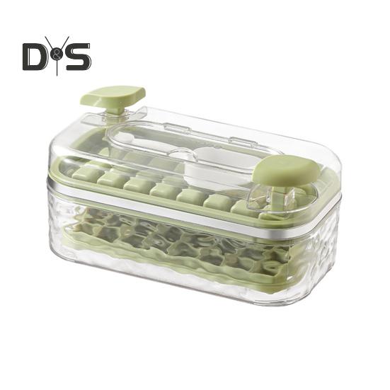 Tavă de gheață cu capac și recipient Previne mirosurile 32 de grile Tăvi pentru cuburi de gheață cu eliberare ușoară Aparat de gheață tip împingere pentru congelator Whisky Cocktail Cafea Ceai