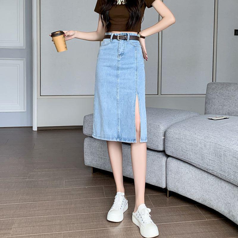 

Korean Style 2024 Summer Denim Midi Skirt - Versatile Hip-Hugging Design Medium синий