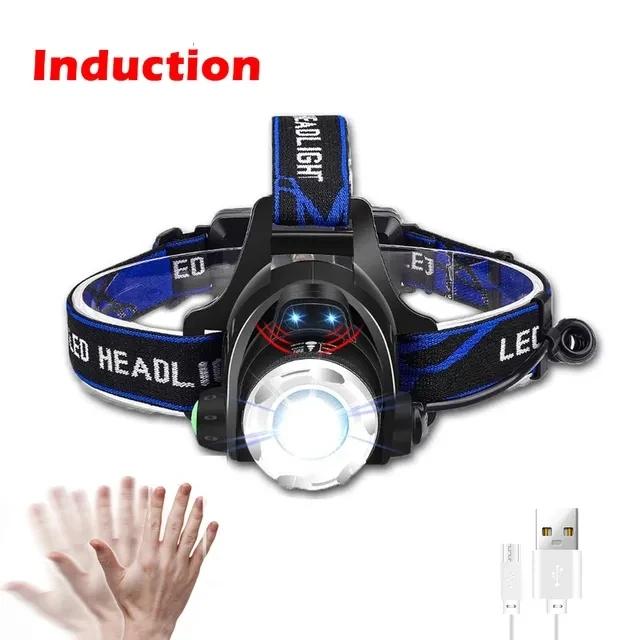 Powerful LED Induction Headlamp USB/DC Rechargeable Headlight Aluminium Alloy Outdoor Fishing Head Lamp High Lumen Head Torch