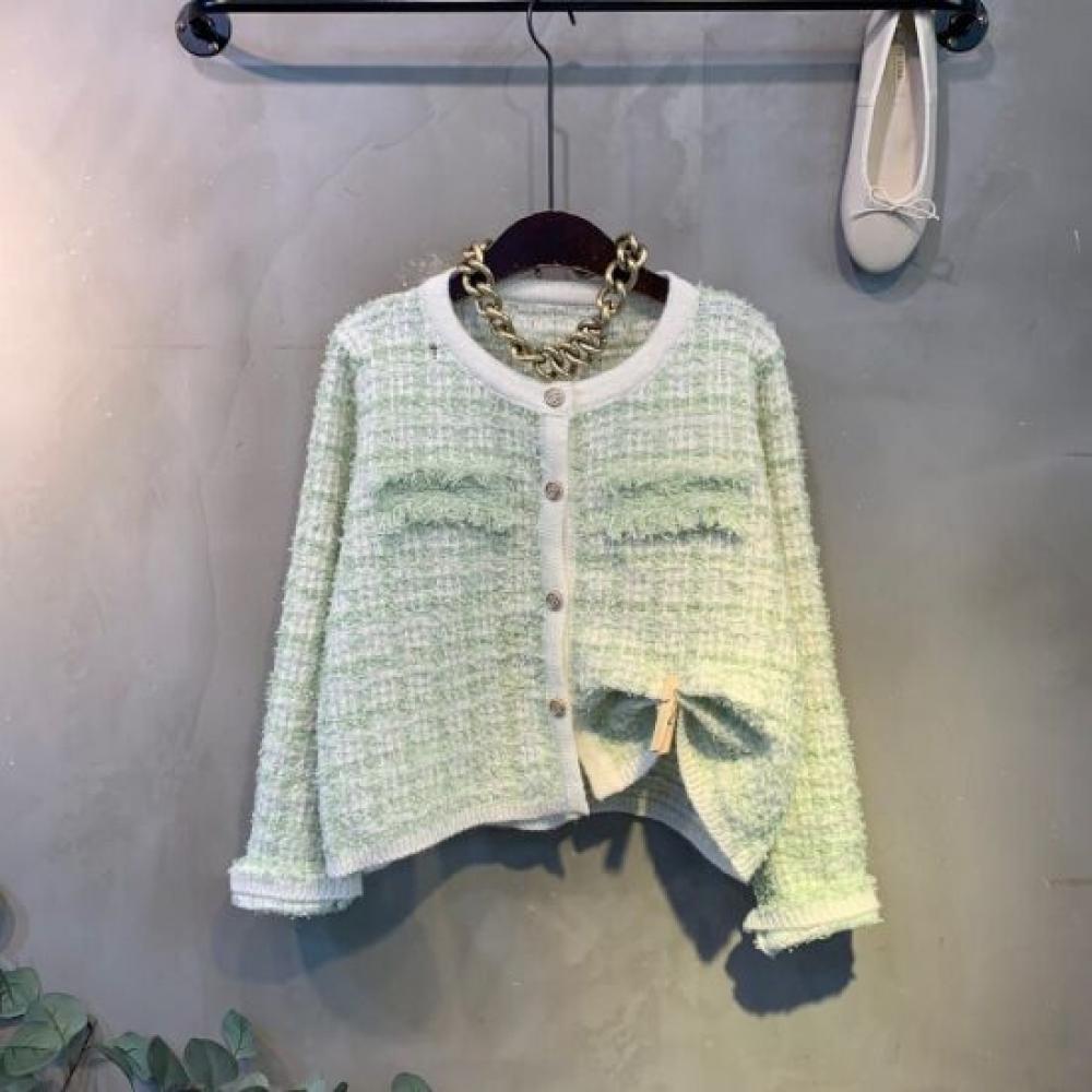 C S In The Room Ez Tweed Gold Button Round neCk Long Sleeve Knit Cardigan jaCket