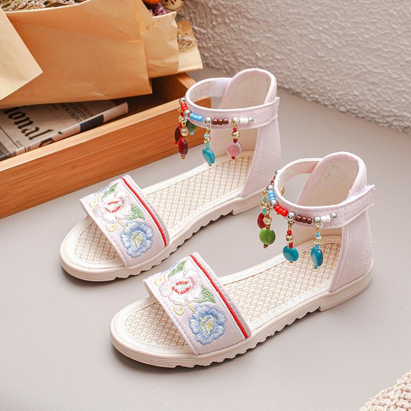 New Girls' Sandals Summer New Versatile Ethnic Style Princess Shoes, Big Children's Tassel Soft Sole Student Roman Shoes Flat