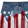 Cintura Patriottica in Denim con Frange 250°, Cintura con Frange Stars And Stripes, Cintura Stile Western per Feste Celebrazioni per Donna