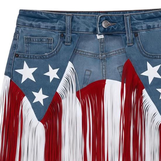 Cintura Patriottica in Denim con Frange 250°, Cintura con Frange Stars And Stripes, Cintura Stile Western per Feste Celebrazioni per Donna