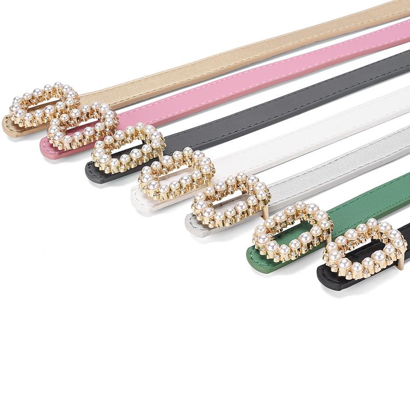 Pearl-Inlaid Ladies' Thin Waistband Fashionable Leather Belt with Decorative Plate Buckle