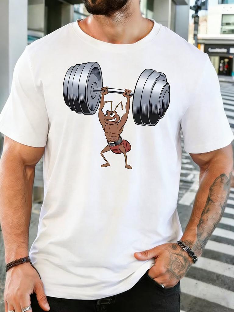Power Ant Weightlifting Barbell Cartoon Print Unisexs Crew Neck Short Sleeve Cotton T Shirt Fitness Loose Casual Male Daily Gym Top