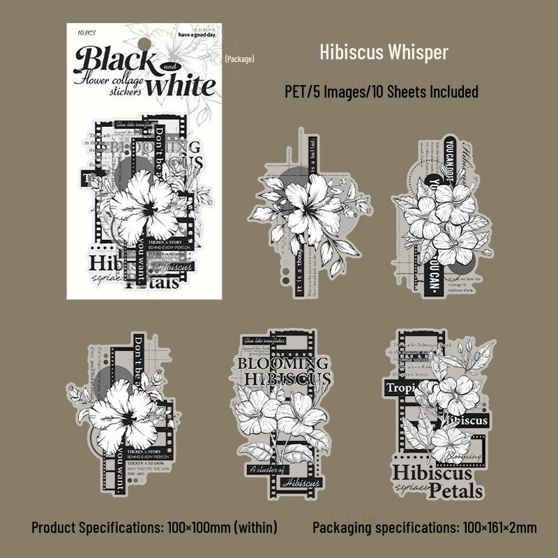 Beautiful Day Large Flower Collage PET Stickers: Black & White Shadow Series, 6 Styles, 10 Sheets per Pack