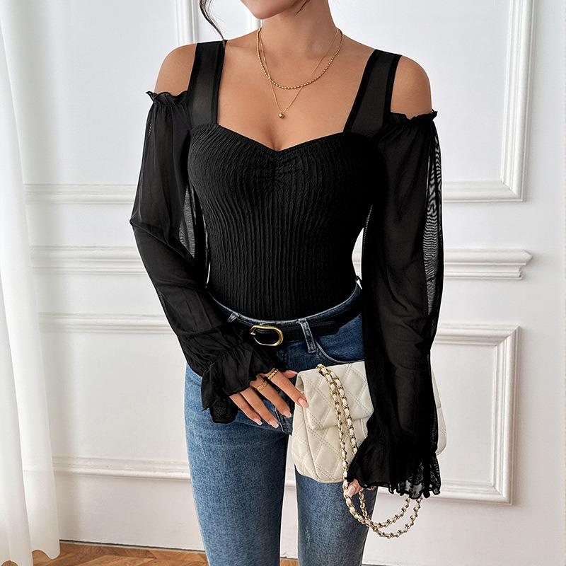 Fashionable Leaky Shoulder See-through Long-sleeved Jumpsuit Sexy Hot Girl Square Neck Slim Jumpsuit for Women