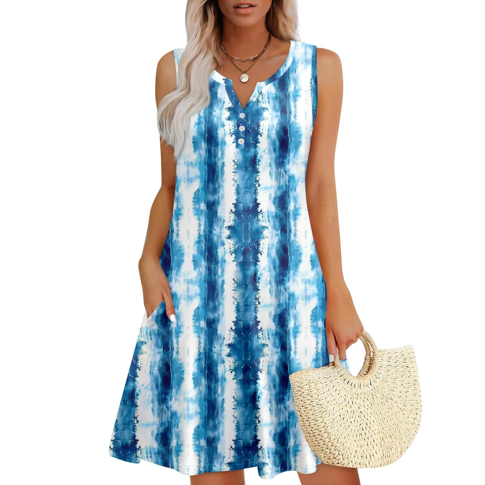 

Жіночі літні сукні з V-подібним вирізом без рукавів Сарафани Сукня з кишенями XXL
